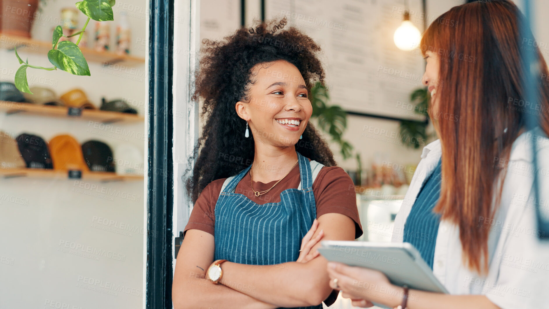 Buy stock photo Cafe, door and people with tablet, smile and collaboration with small business teamwork. Partner, confidence and happy restaurant staff at entrance on digital app for online booking, orders or review