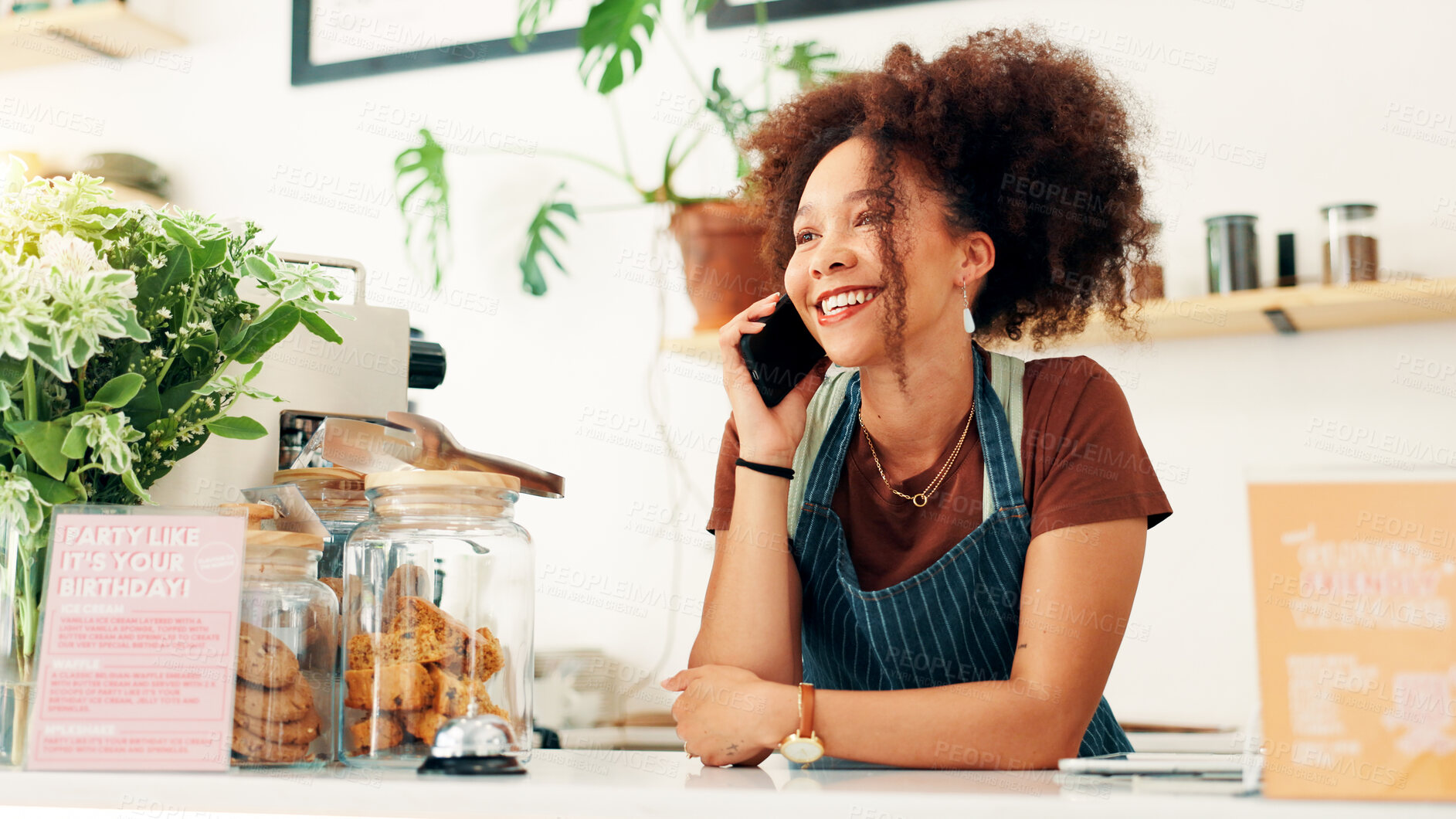 Buy stock photo Waitress, smile and phone call with woman in cafe for customer order, food delivery and small business. Restaurant, contact and barista or person in coffee shop for bakery, communication and catering