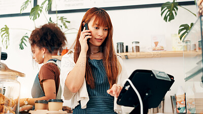 Buy stock photo Barista, woman or phone call for cafe order, online management or customer service in store. Small business owner, waiter or manager on mobile for stock inventory, food sale or coffee shop startup