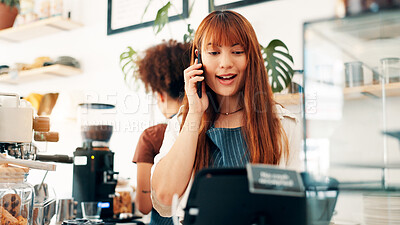 Buy stock photo Waitress, woman or phone call for cafe order, hospitality or customer service in store. Small business owner, barista or manager on mobile for stock inventory, food sale or coffee shop startup