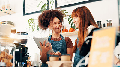 Buy stock photo Team, tablet and help with people in cafe for research, digital inventory or restaurant training. Waitress, catering plan and small business owner with women in coffee shop for menu price together