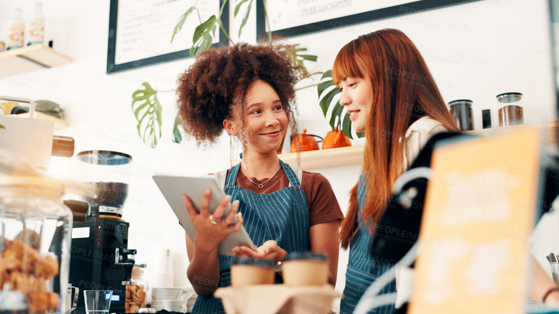 Buy stock photo Team, tablet and help with people in cafe for research, digital inventory or restaurant training. Waitress, catering plan and small business owner with women in coffee shop for menu price together
