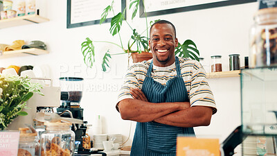 Buy stock photo Portrait, welcome and black man in restaurant, arms crossed and hospitality industry with friendly service. African person, business owner or entrepreneur with pride, coffee shop and professional