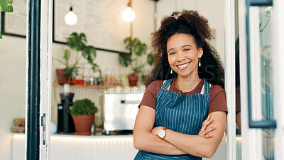 Buy stock photo Portrait, smile and woman in cafe, arms crossed and hospitality industry with welcome. Person, business owner or entrepreneur with confidence, friendly service or entrance for coffee shop and apron