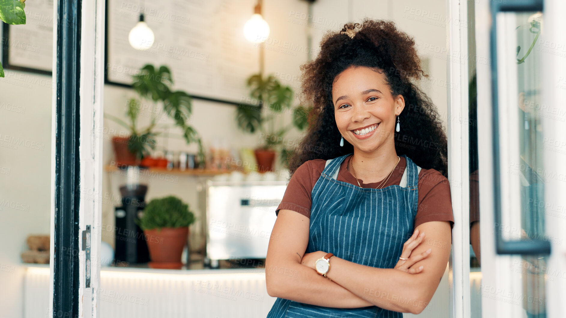 Buy stock photo Portrait, smile and woman in cafe, arms crossed and hospitality industry with welcome. Person, business owner or entrepreneur with confidence, friendly service or entrance for coffee shop and apron