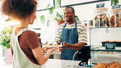 Buy stock photo Waffle, smile and order for customer in bakery with man for food, hunger or serving as server or waiter. Buying, thank you and woman in deli with small business owner giving dessert for consumerism