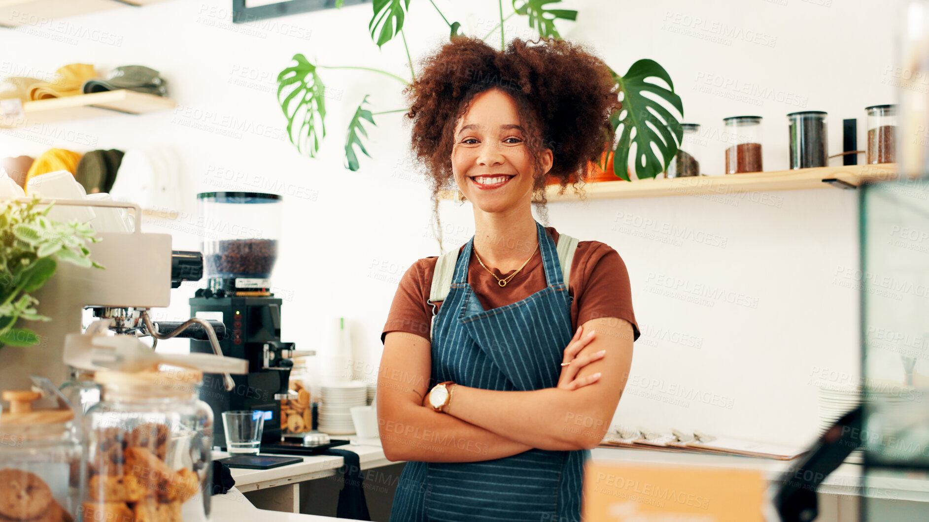 Buy stock photo Woman, crossed arms and portrait of barista in cafe with confidence for hospitality career. Happy, startup and female waitress with pride for customer service at counter in restaurant or coffee shop.