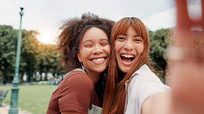 Buy stock photo Selfie, portrait and women with smile, outdoor and photography for memory of reunion, embrace and bonding. Happy, friends and break on weekend with picture, social media and people with excitement