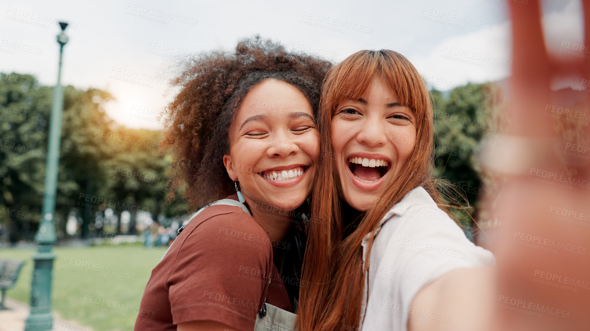 Buy stock photo Selfie, portrait and women with smile, outdoor and photography for memory of reunion, embrace and bonding. Happy, friends and break on weekend with picture, social media and people with excitement