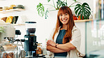 Arms crossed, smile and portrait with woman in cafe for order, hospitality and small business owner. Restaurant, cafeteria and barista or person in coffee shop for Bakery, food industry and catering