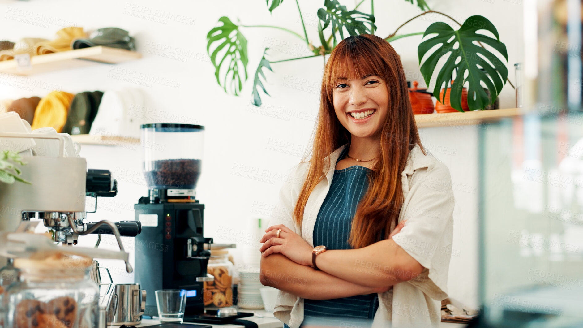 Buy stock photo Arms crossed, smile and portrait with woman in cafe for order, hospitality and small business owner. Restaurant, cafeteria and barista or person in coffee shop for Bakery, food industry and catering