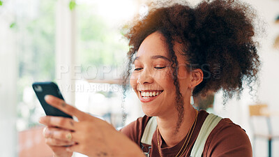 Buy stock photo Cafe, woman and laugh with smartphone for social media, online communication and comment for reel. Restaurant, female person and customer with mobile for application, funny joke and chat with contact