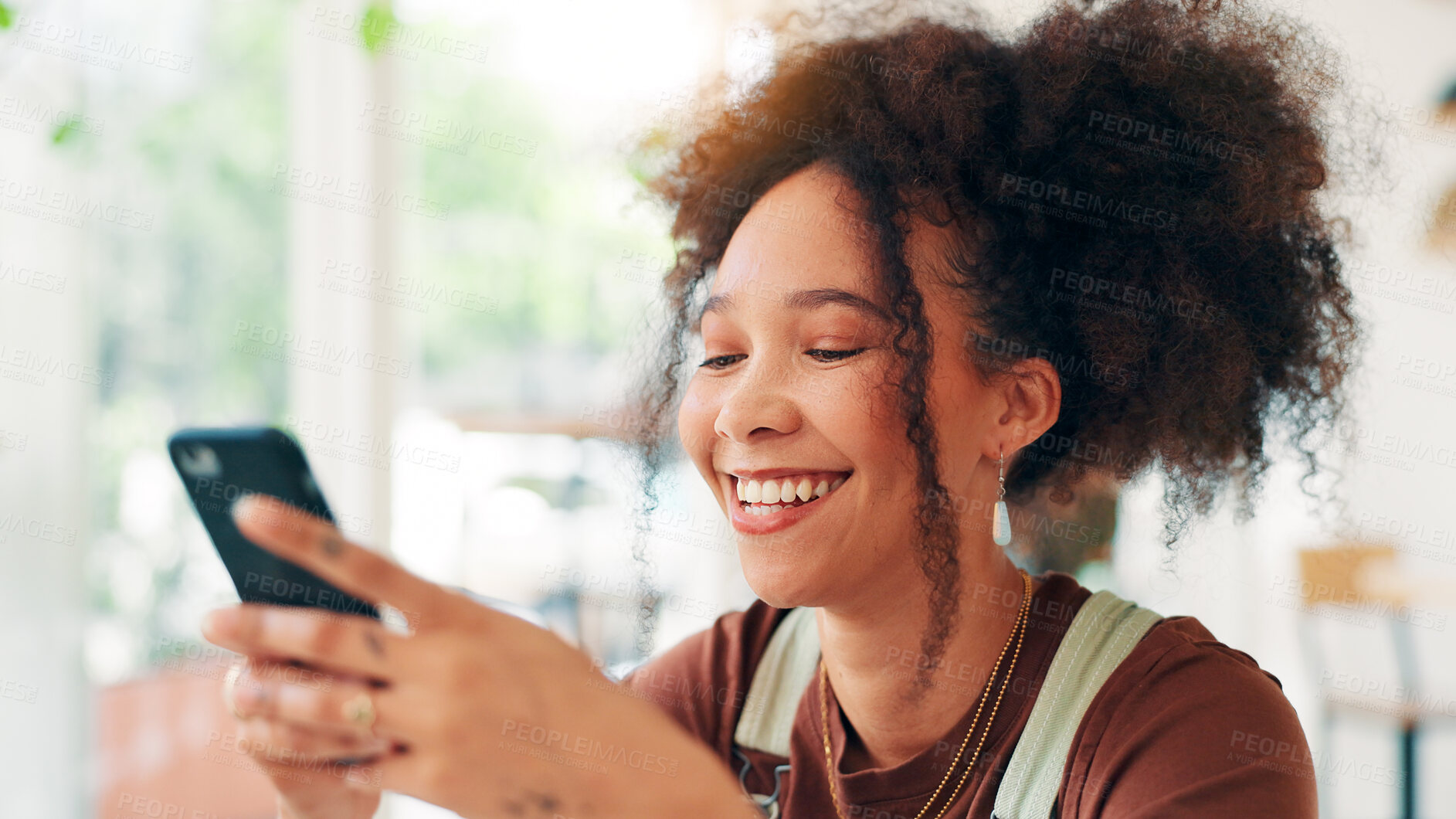 Buy stock photo Cafe, woman and laugh with smartphone for social media, online communication and comment for reel. Restaurant, female person and customer with mobile for application, funny joke and chat with contact