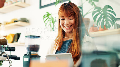 Buy stock photo Barista, tablet and happy with woman in cafe for research, digital inventory or restaurant supply checklist. Waitress, catering review and small business owner with person in coffee shop for menu
