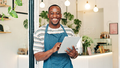 Buy stock photo Portrait, tablet and waiter with black man in cafe for research, digital inventory or restaurant supply checklist. Smile, catering review and small business owner with person in coffee shop for menu