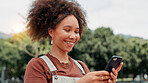 Park, woman and smile with smartphone for social media, online communication and comment for reel. Outdoor, female person and laughing with mobile for application, funny joke and chat with contact