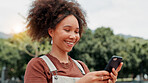 Park, woman and smile with smartphone for social media, online communication and comment for reel. Outdoor, female person and laughing with mobile for application, funny joke and chat with contact
