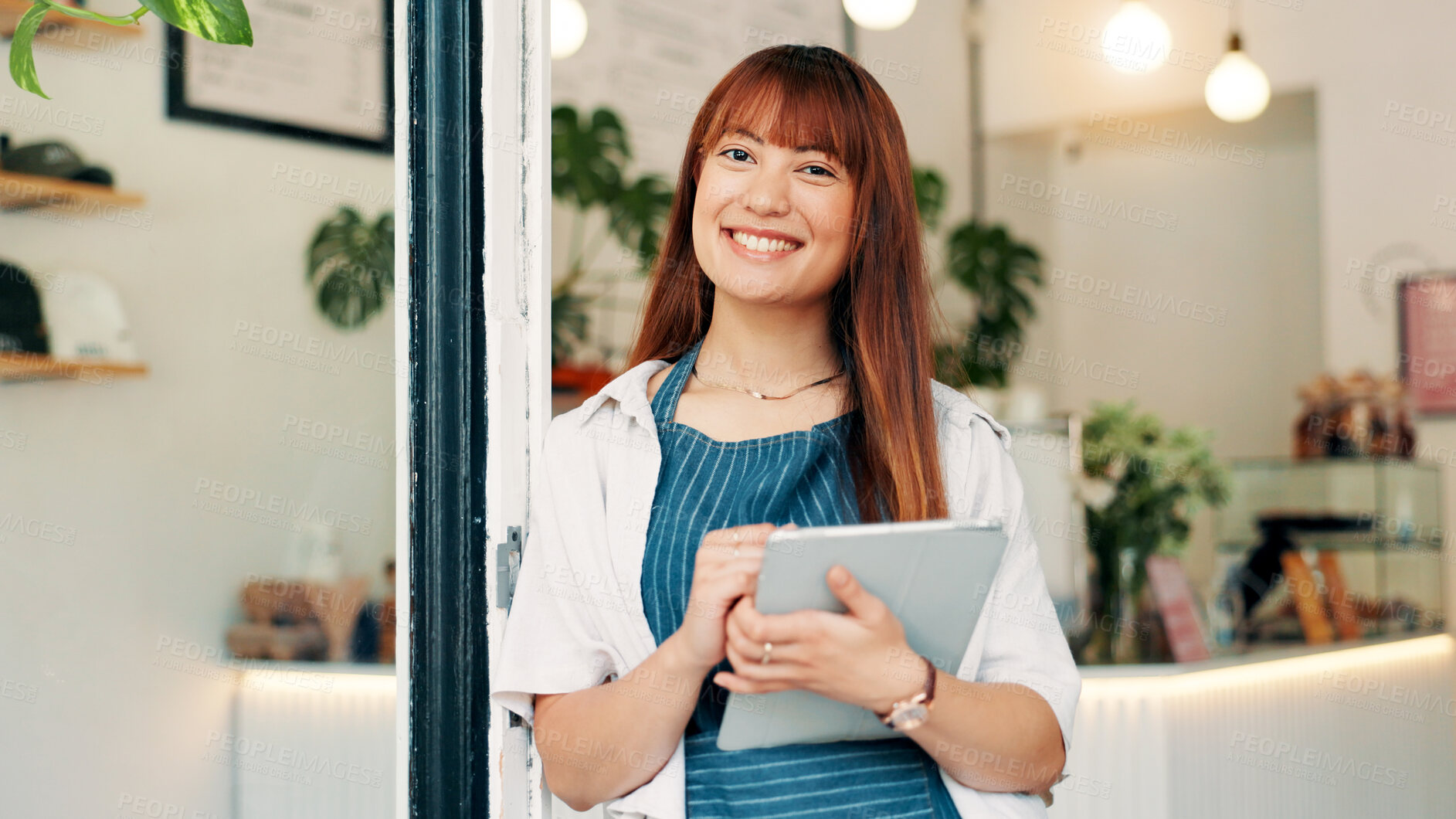 Buy stock photo Barista, tablet and portrait of woman in cafe for research, digital inventory or restaurant supply checklist. Waitress, catering review and small business owner with person in coffee shop for menu