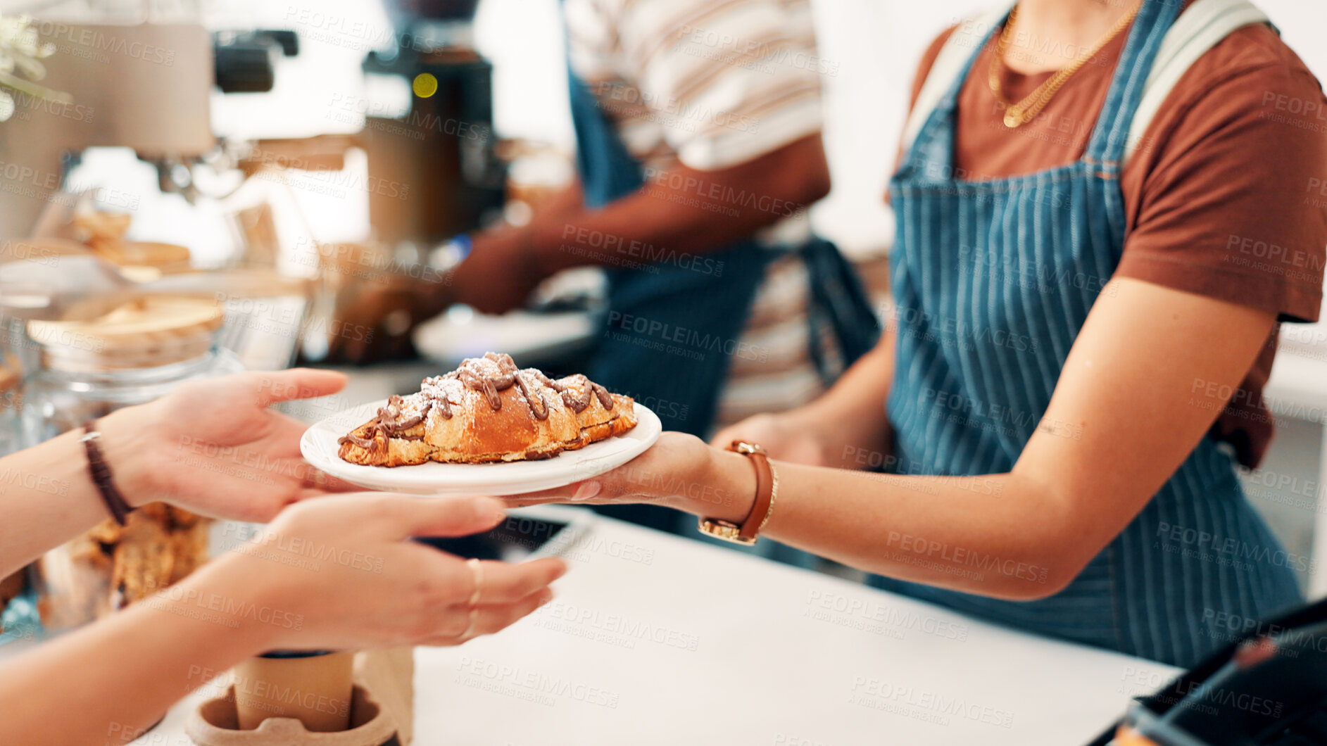 Buy stock photo Cafe, croissant and hands of person with customer at counter for serving, help and purchase breakfast. Restaurant, hospitality and waiter with pastry, sweet treats and baked food for takeaway