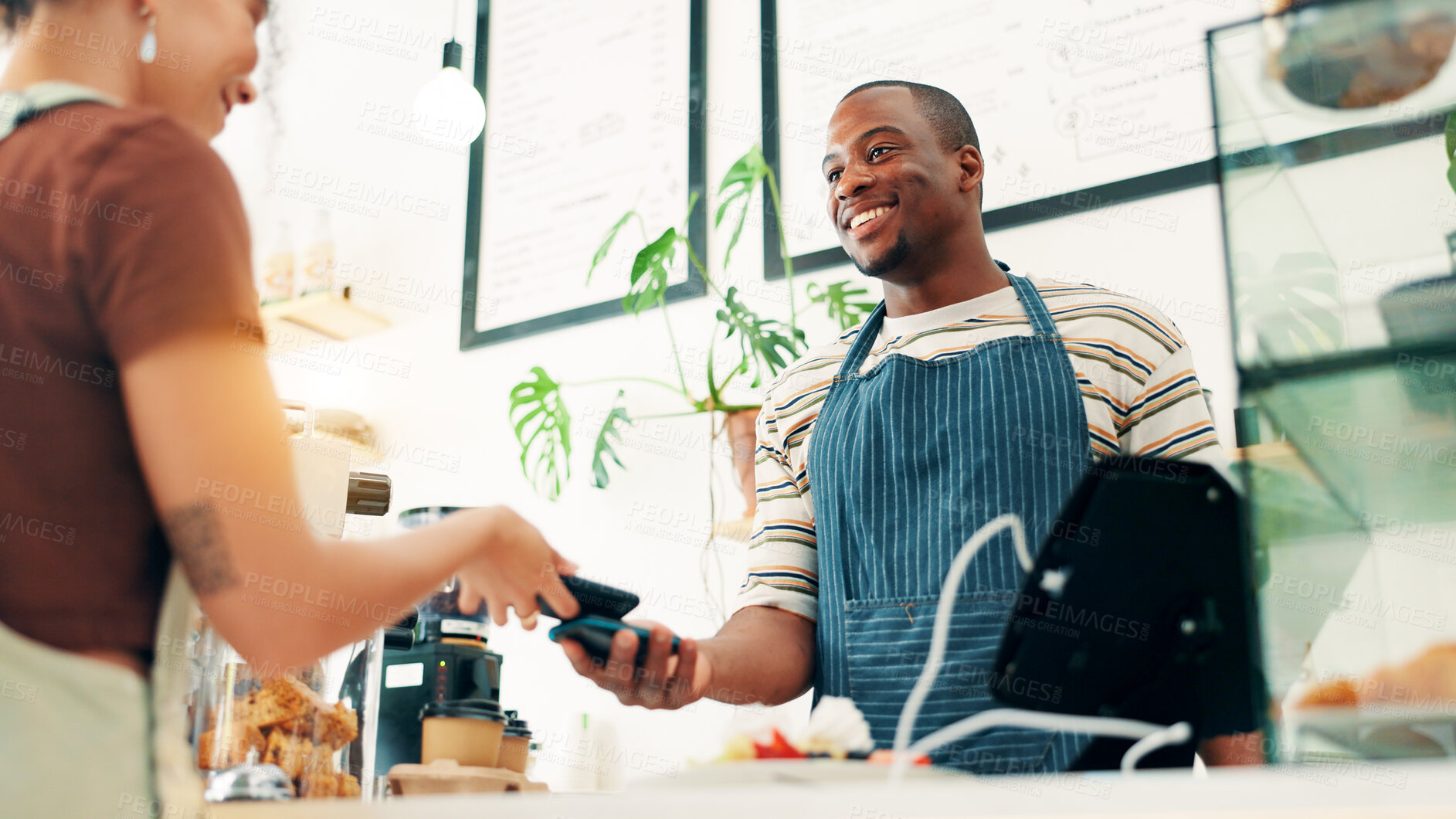 Buy stock photo Coffee shop, machine and woman with phone for waiter in cafe for customer service, pos and help. Restaurant, hospitality and person for online transaction, payment and purchase for breakfast waffles