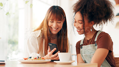 Buy stock photo Phone, breakfast and girl friends in cafe scrolling on social media, mobile app or online research. Happy, cellphone and women eating morning meal with reading blog or website post in coffee shop.