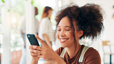 Buy stock photo Cafe, woman and happy with smartphone for social media, online communication and comment for reel. Restaurant, female person and customer with mobile for application, funny joke and chat with contact