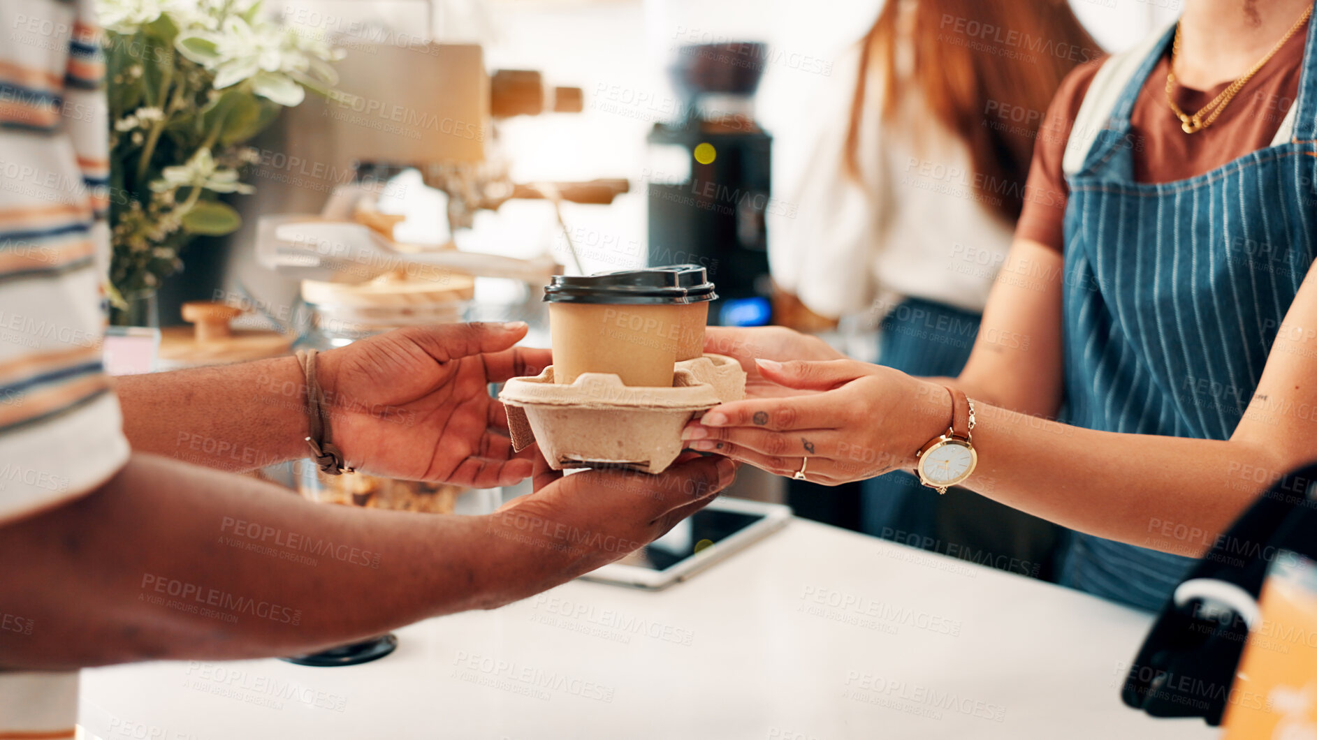 Buy stock photo Cafe, coffee and hands of waiter with customer at counter for serving drinks, latte and cappuccino. Restaurant, hospitality and woman with takeaway cups for service, store products and pos help