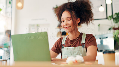 Buy stock photo Laptop, hybrid work and happy woman typing in cafe with social media marketer for ad campaign, project or email. Computer, freelancer and writing on internet in coffee shop for brand promotion online