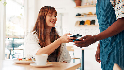 Buy stock photo Coffee shop, machine and woman with phone for waiter in cafe for customer service, pos and help. Restaurant, hospitality and person for online transaction, payment and purchase for breakfast waffles
