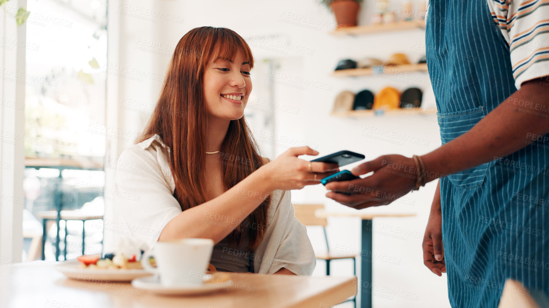 Buy stock photo Coffee shop, machine and woman with phone for waiter in cafe for customer service, pos and help. Restaurant, hospitality and person for online transaction, payment and purchase for breakfast waffles