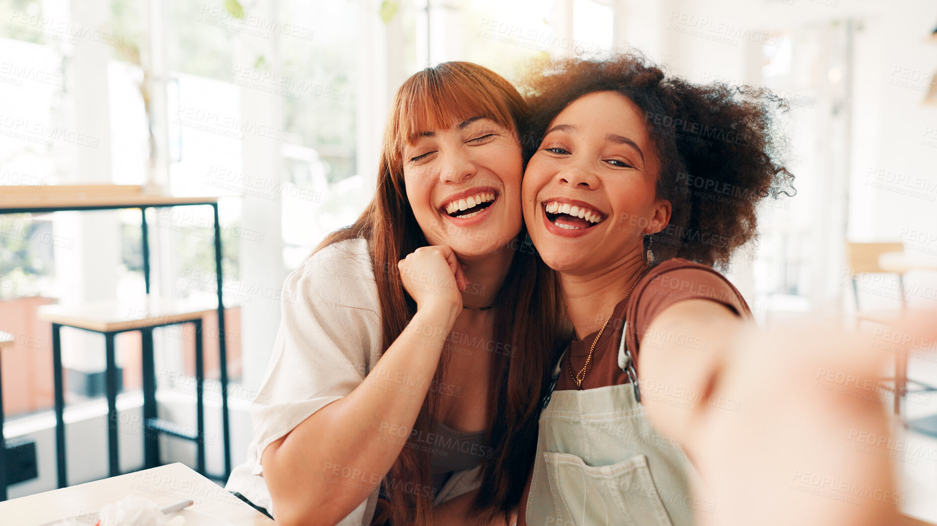Buy stock photo Selfie, hug and women in coffee shop, laughing and photography for memory of reunion and social media. Bonding, friends and people with happiness in cafe, profile picture and break for influencer