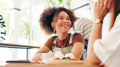 Buy stock photo Girl, friends and happy with lunch at restaurant for breakfast date, conversation or bonding. Relax, people and talking at cafe for coffee break, gossip chat and hangout together with support or care