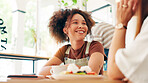 Girl, friends and happy with lunch at restaurant for breakfast date, conversation or bonding. Relax, people and talking at cafe for coffee break, gossip chat and hangout together with support or care