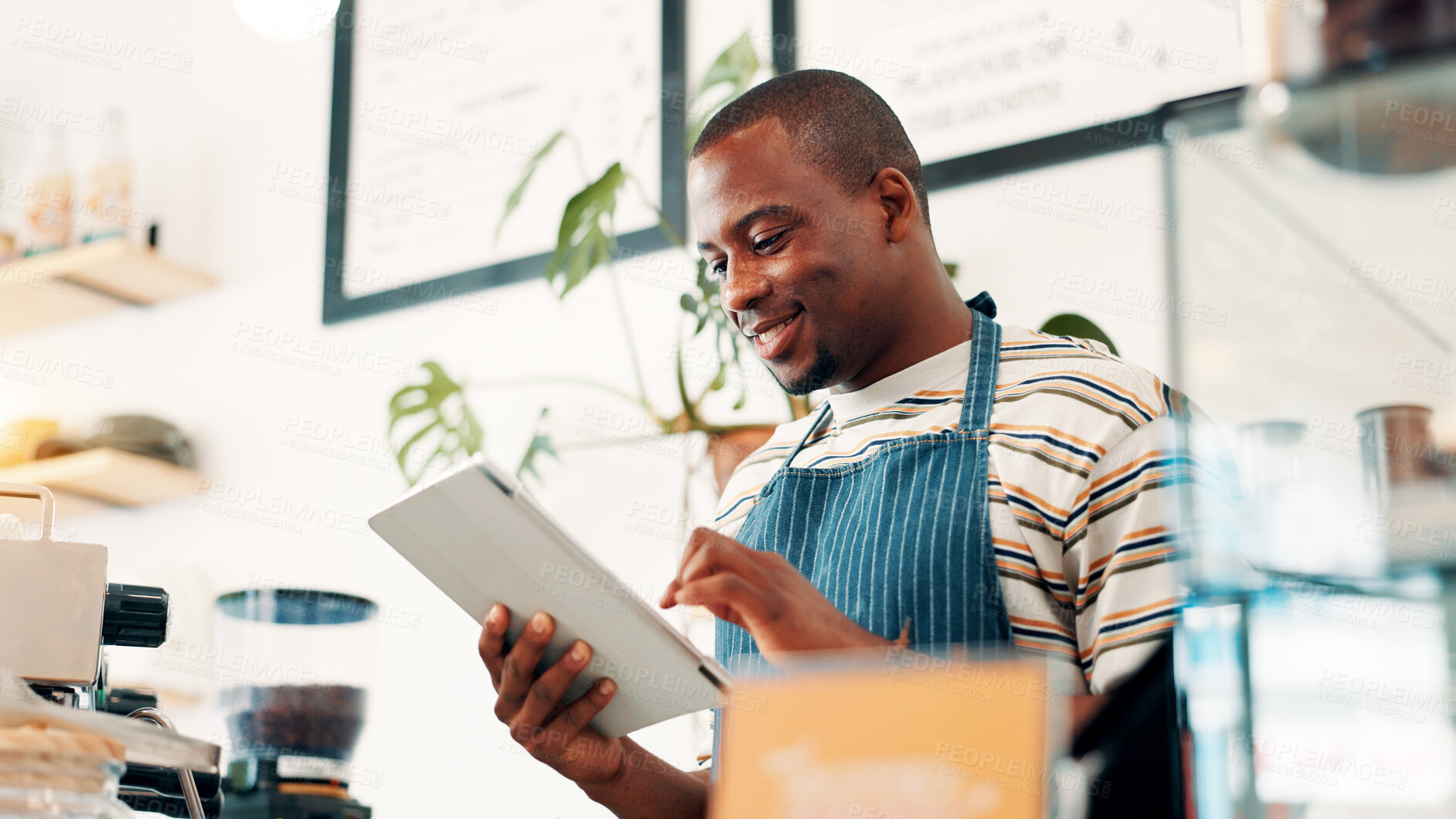 Buy stock photo Barista, tablet and manager with black man in cafe for research, digital inventory or restaurant supply checklist. Waiter, catering review and small business with person in coffee shop for menu