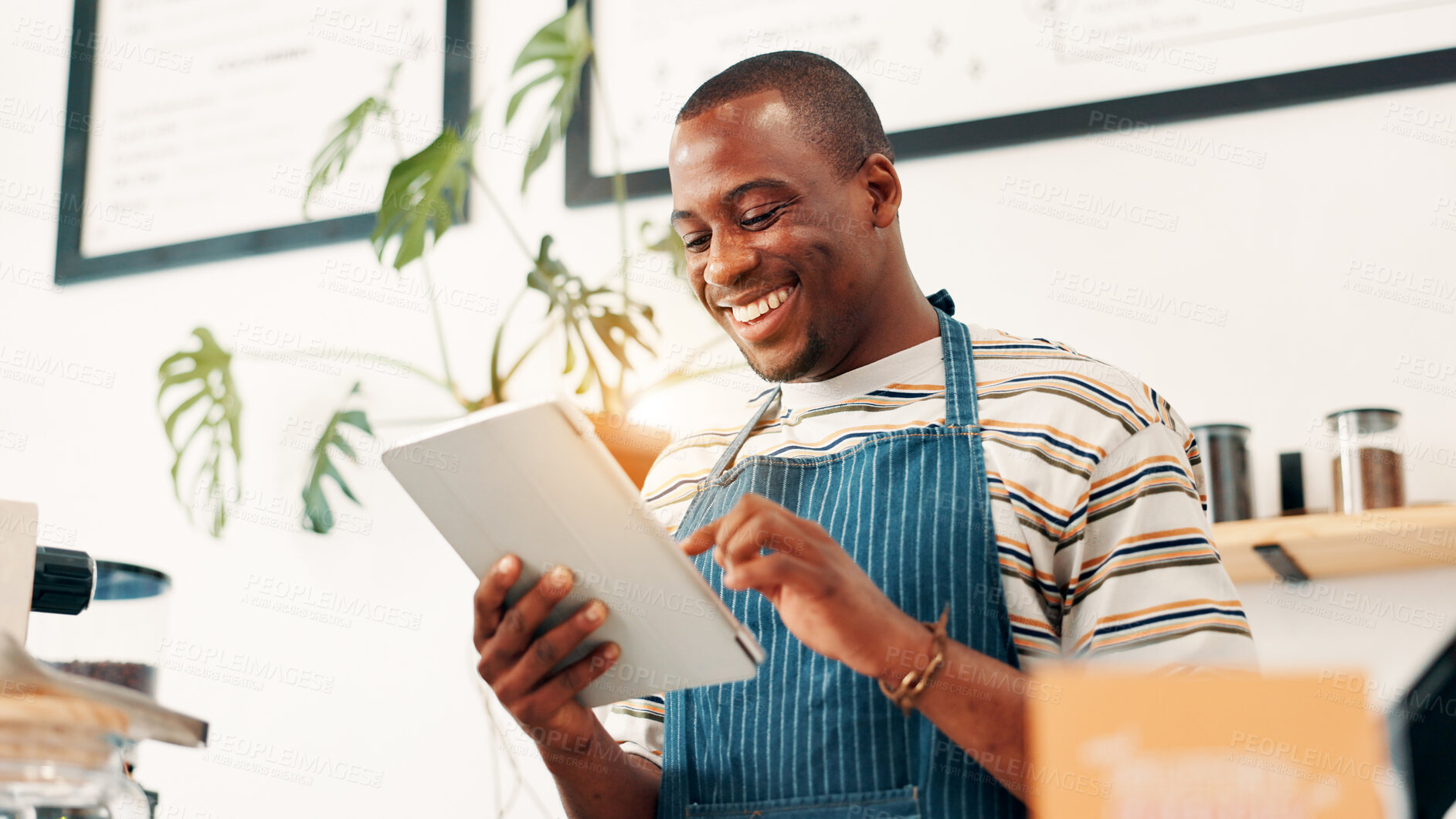 Buy stock photo Smile, tablet and manager with black man in cafe for research, digital inventory or restaurant supply checklist. Waiter, catering review and small business with person in coffee shop for menu