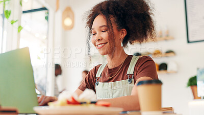 Buy stock photo Coffee shop, freelancer and woman on laptop in cafe for online project, research report and website, Professional, remote work and person on computer in restaurant for breakfast, meal and break