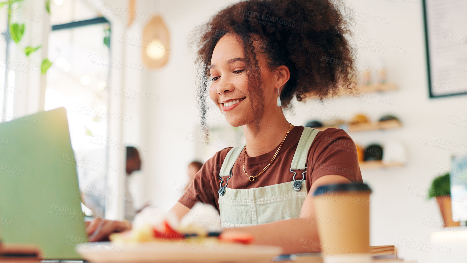 Buy stock photo Coffee shop, freelancer and woman on laptop in cafe for online project, research report and website, Professional, remote work and person on computer in restaurant for breakfast, meal and break