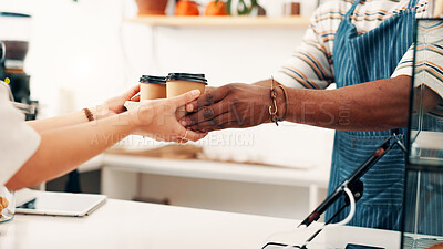 Buy stock photo Cafe, coffee and hands of person with customer at counter for serving drinks, latte and cappuccino. Restaurant, hospitality and waiter with takeaway cups for service, store products and pos help