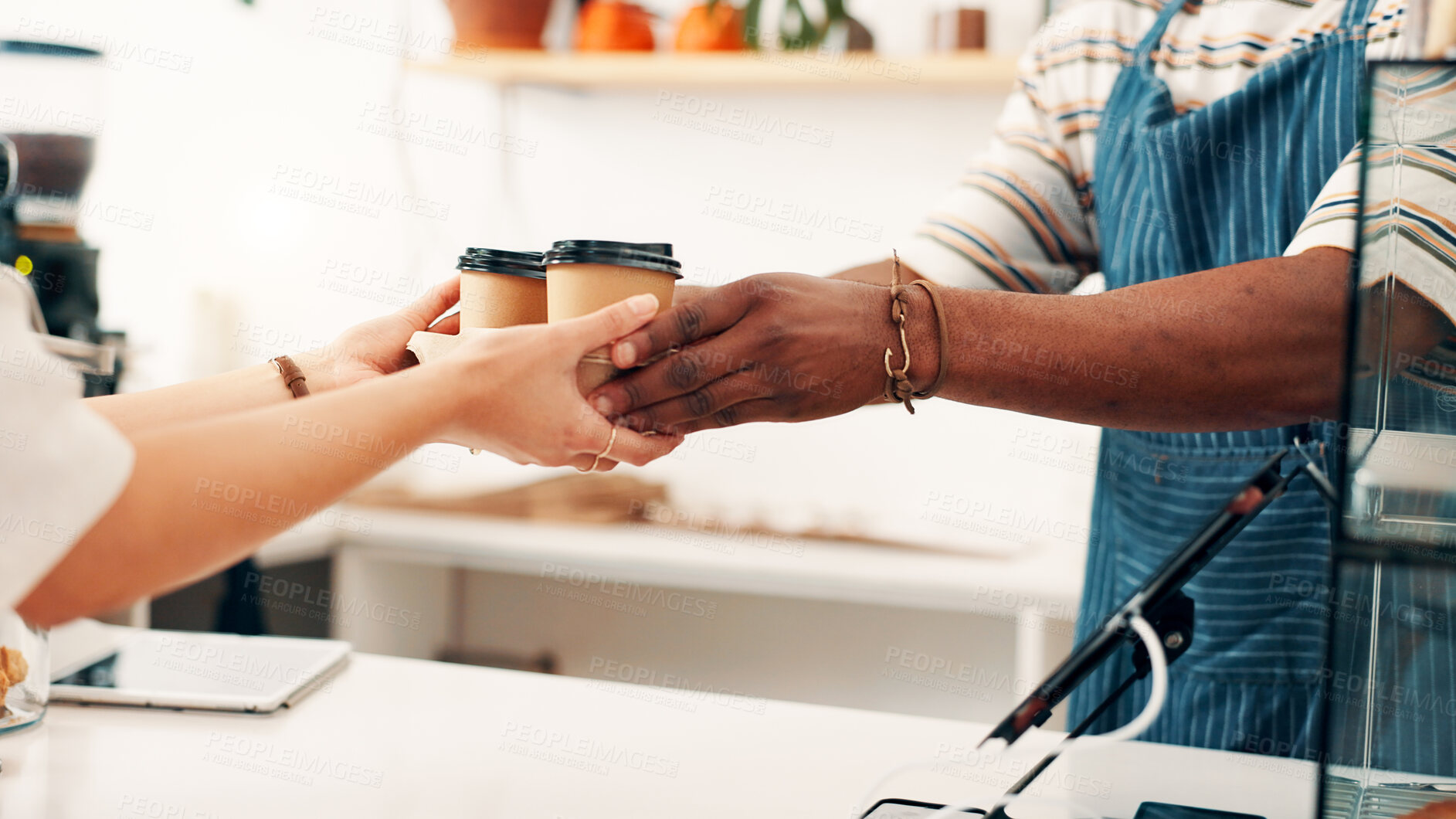 Buy stock photo Cafe, coffee and hands of person with customer at counter for serving drinks, latte and cappuccino. Restaurant, hospitality and waiter with takeaway cups for service, store products and pos help