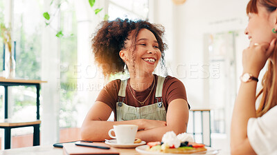 Buy stock photo Girl, friends and happy with breakfast at restaurant for waffles date, fun conversation and bonding. Relax, people and talking at cafe for coffee break, gossip chat and hangout together with support