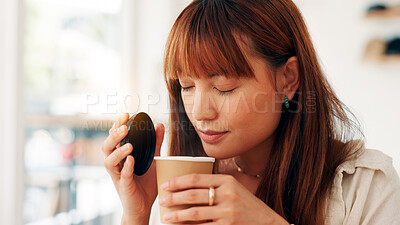 Buy stock photo Smelling, coffee and woman in cafe, morning and aroma of hot beverage, customer and scent of drink. Restaurant, consumer and female person with latte in shop, calm and relax with cappuccino on break