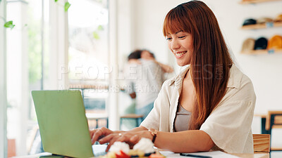 Buy stock photo Coffee shop, remote work and woman on laptop in cafe for online project, research report and website, Professional, freelancer and person on computer in restaurant for breakfast, meal and break