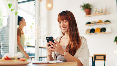 Buy stock photo Cafe, woman and smile with smartphone for social media, online communication and comment for reel. Restaurant, female person and customer with mobile for application, funny joke and chat with contact