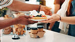 Hands, serving and waitress with consumer for breakfast in cafe for order, help or customer service at counter. Sweet, nutrition and barista with waffles, fruit and cream for morning in coffee shop.
