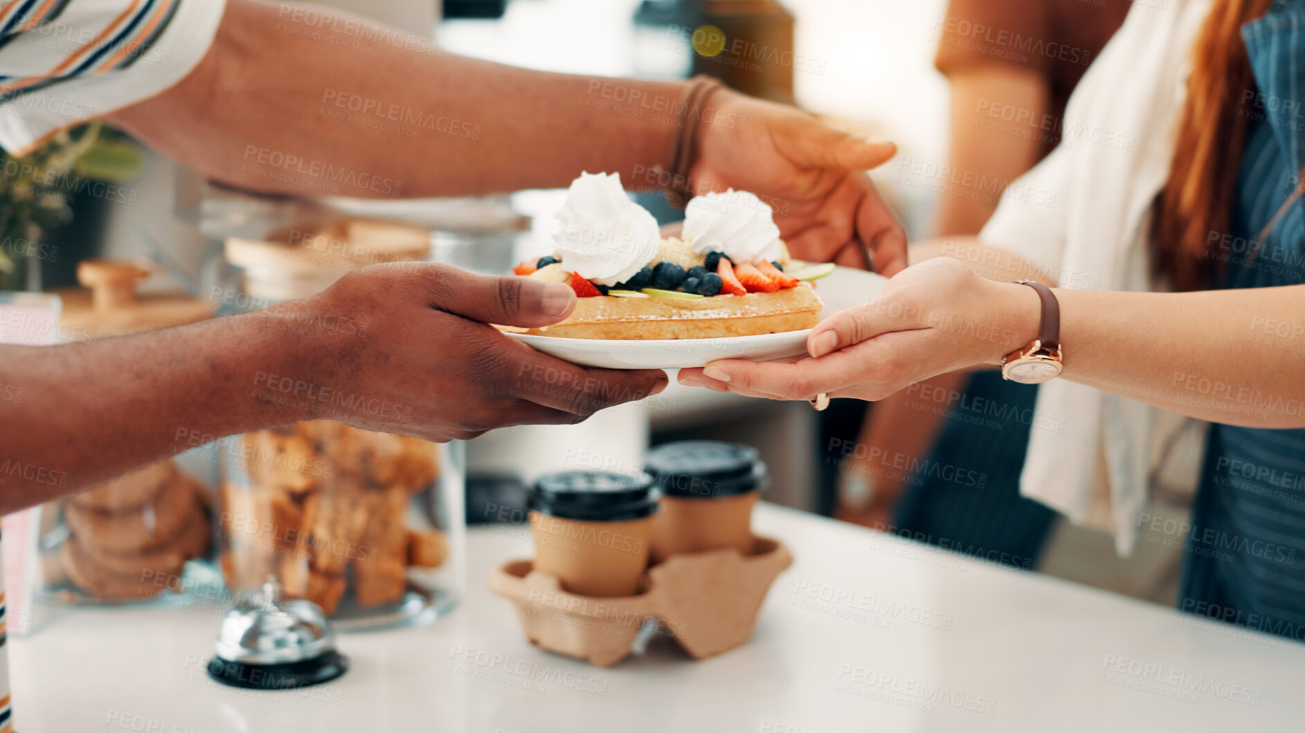 Buy stock photo Hands, serving and waitress with consumer for breakfast in cafe for order, help or customer service at counter. Sweet, nutrition and barista with waffles, fruit and cream for morning in coffee shop.