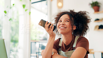 Buy stock photo Business, phone call and woman in cafe, speaker and happiness with contact. Person, entrepreneur and shop owner with smartphone, calling and conversation with digital app for communication or talking