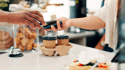 Buy stock photo Hands, NFC and phone with people in coffee shop for convenient payment or purchase closeup. POS, tap or transaction with customer and server in small business bakery or cafe for sale and transfer