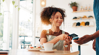 Buy stock photo Coffee shop, card machine and woman with phone in cafe for customer service, pos and help. Restaurant, hospitality and person for online transaction, payment and purchase for breakfast waffles
