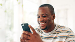 Cafe, black man and smile with smartphone for social media, online communication and comment for reel. Restaurant, male person and customer with mobile for application, laughing and chat with contact