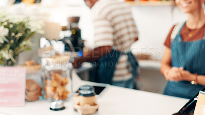 Buy stock photo Blur, counter and barista at cafe for order, help or customer service at restaurant in morning. Hospitality, startup business and waitress at pay point for transaction, pos or sale at coffee shop.